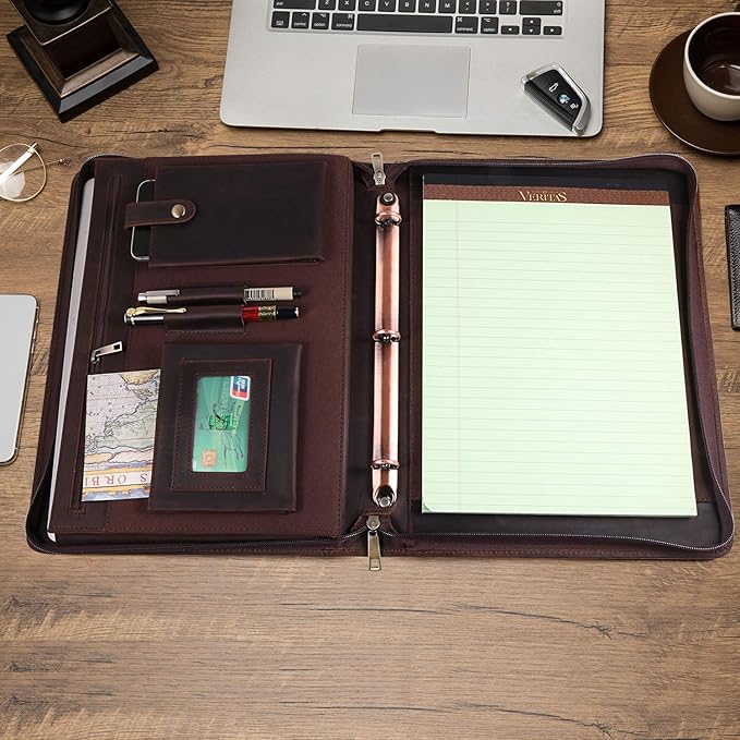 Professional Leather Business Padfolio Portfolio Case, 3 Ring Binder,Zippered Business Document Organizer Tablet Holder Folder Case,with Letter Size Notepad (Dark Brown Upgraded Version)