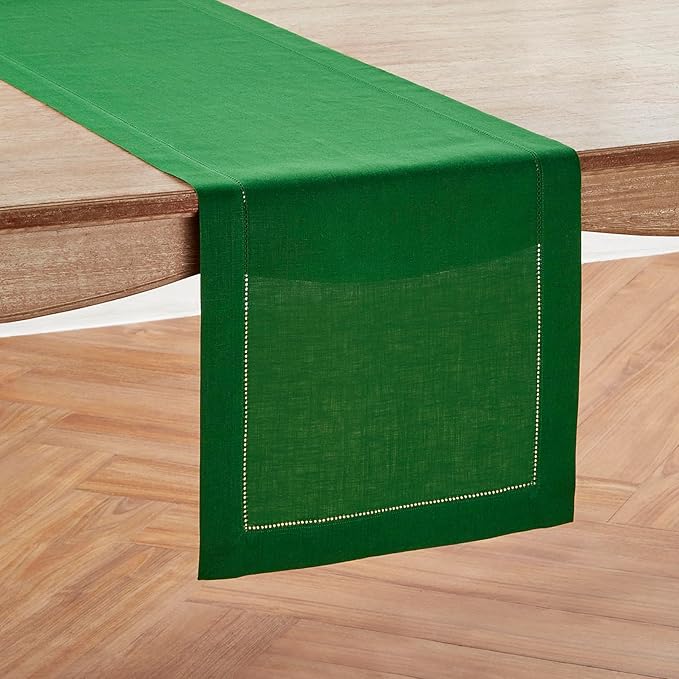 Solino Home Linen Garden Green Table Runner 108 Inches Long - 100% Pure Linen Hemstitch 14 x 108 Inch Table Runner for Dining, Winter, St Patricks Day, Easter - Classic Hemstitch