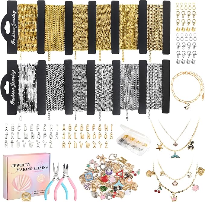 Wisreach 18K Gold & Silver Necklace Chain for Jewelry Making, 60 Feet 12 Rolls DIY Jewelry Chains, with Jump Rings, Clasps, Connectors, 52 Letter Pendants, 50 Mixed Color Pendants & Pliers