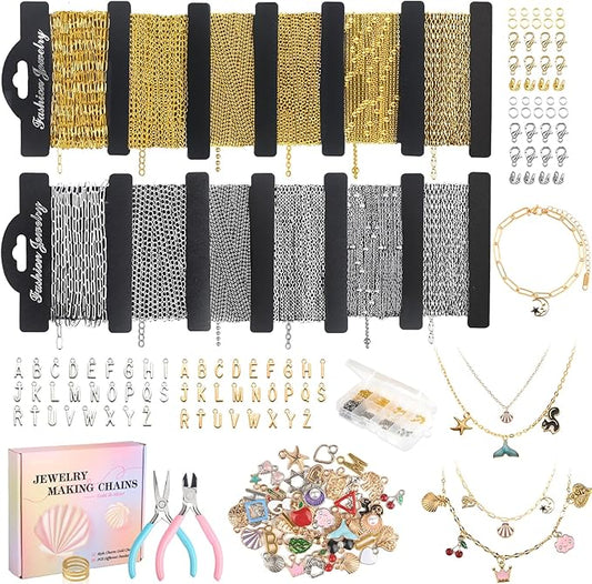 Wisreach 18K Gold & Silver Necklace Chain for Jewelry Making, 60 Feet 12 Rolls DIY Jewelry Chains, with Jump Rings, Clasps, Connectors, 52 Letter Pendants, 50 Mixed Color Pendants & Pliers