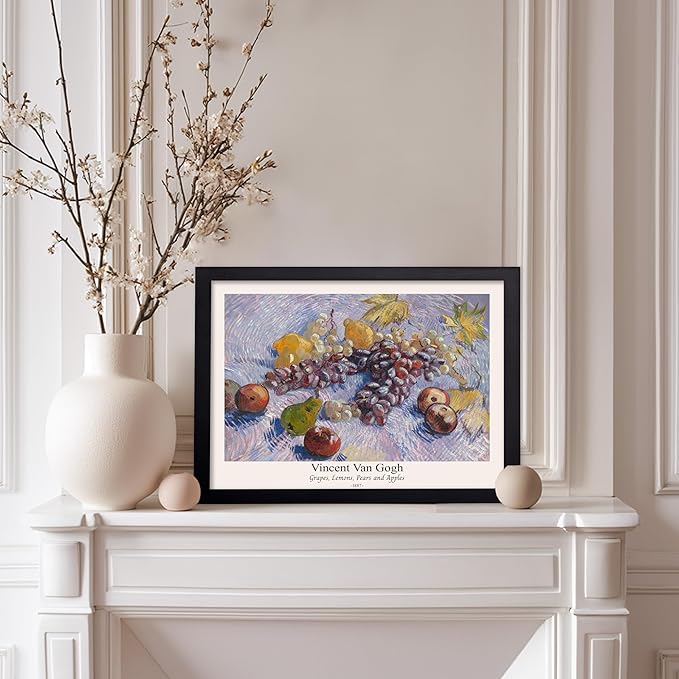 Monem Art Vintage Van Gogh Poster - Retro Grapes Lemons Pears and Apples Print - Impressionism Art - Fruit Art - Fine Art - Classic Painting Art - Great Kitchen Decor - 11x14 Black Framed