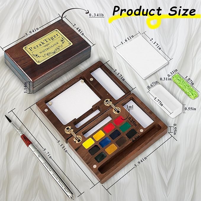 AUK Travel Mini Watercolor Paint Set for Adult Artists, Pocket Portable Wooden Watercolors Painting Kit Contains Drawing Pen Paper Sponge Wash Bucket