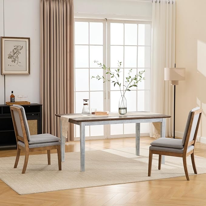 LZAREAL Farmhouse Dining Table for 4 6 Antiqued Solid Wood Dining Room Table Rectangular Color Blocking Kitchen Table for Dining Room Kitchen Restaurant, White and Walnut
