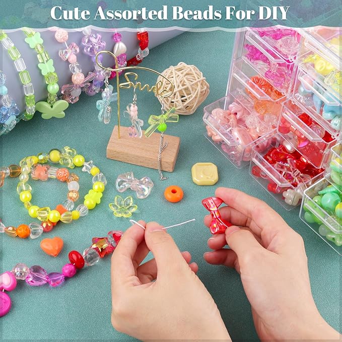 400-450PCS TINKRSTUFF Assorted Acrylic Beads For Bracelet Making, Cute Beads For Jewelry Making Flower Bow Butterfly Candy Gummy Bear Kawaii Aesthetic Beads,DIY Necklace Keychain Phone Charm(6 Colors)