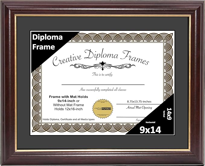 Creative Picture Frames 9x14 Mahogany Gold Rim Diploma Frame with Black Mat Glass Easel and Installed Wall Hangers | Frame Holds 12x16 Media without Mat