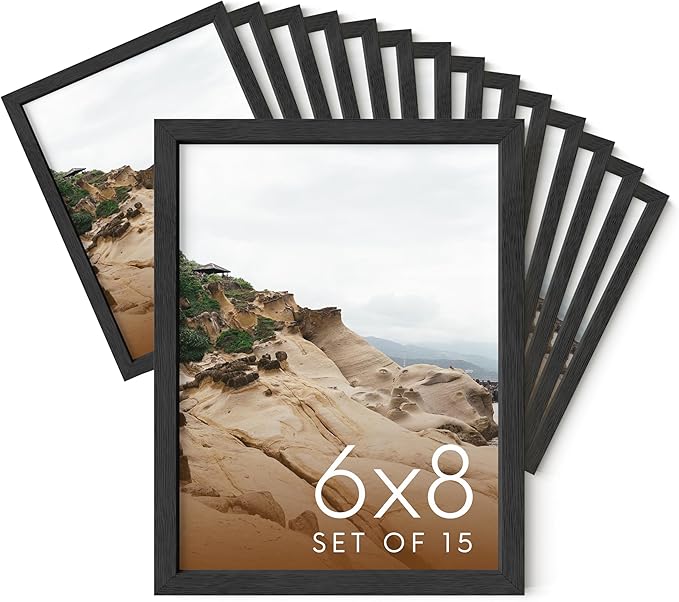 HAUS AND HUES 6x8 Black Oak Frame Set of 15 - Premium Wood, Vertical Display (Shatterproof Plexiglass)