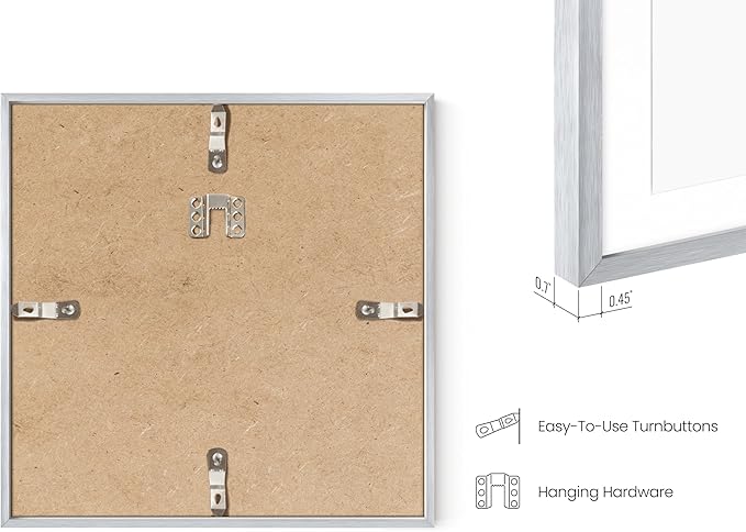 HAUS AND HUES 8x8 Silver Metal Picture Frame Matted to 4x4 - Premium Aluminum with Hanging Hardware, Shatterproof Plexiglass - Ideal for Home or Office (8x8 in, Silver, Set of 1)