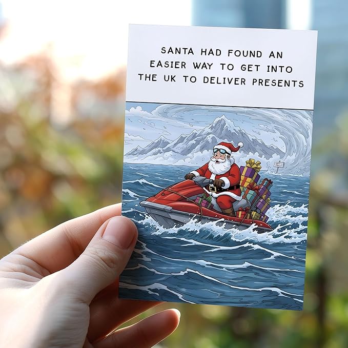 (5.3x8in) Santa Found an Easier Way to Get Into the UK Christmas Card with Envelope, Funny British Holiday Greeting Featuring Jet Ski Santa, Humorous Xmas Card for Friends and Coworkers (Xmas 35)