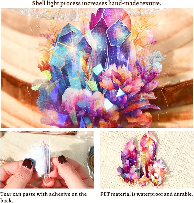 160-Piece Holographic Glitter Fantasy Crystal & Gemstone Sticker Pack – Waterproof Transparent Colorful Watercolor Crystals, Mystical Gems Stickers for Scrapbooking, Journals, Resin Art Supplies
