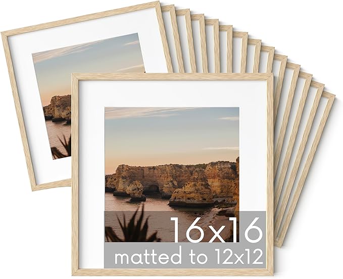 HAUS AND HUES Beige Oak Wood 16x16 Picture Frames - Set of 15, Square Frames with Mat, Premium Frames for Wall Art and Display (16x16 in, Beige, Set of 15)