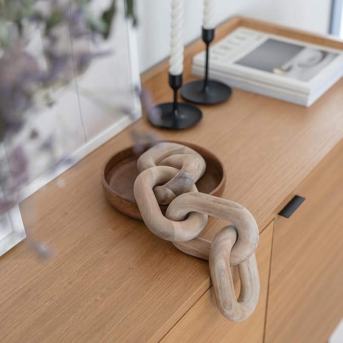 PEAKOLY Book Shelf Decor Items - Acacia Wood Chain Link Decor, Coffee Table Accessories, Bookshelf Decors, Sculpture for Shelves, Wooden Decorative Objects, Link Ornament, Living Room Accents