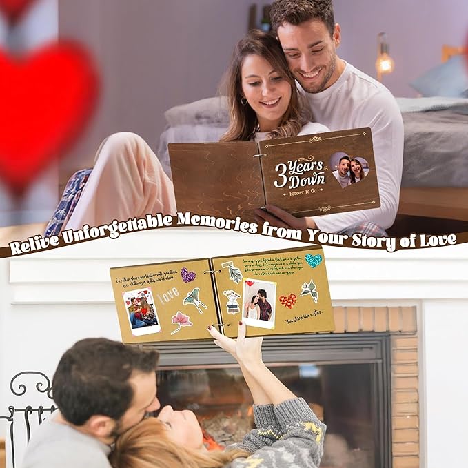 CY2SIDE 3 Years Anniversary Scrapbook - 111PCS 3 Years Down Wooden Photo Album Scrapbook Craft Kit Included Wood Cover Heart Puzzle Brown Paper Sticker and Template for DIY Dating Celebration Gift