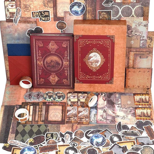 Funto Scrapbooking Kit (185 PCS), Medieval Chapter- Magic Books, Perfect for Bullet Scrapbooking Materials, Planner DIY Craft Collage