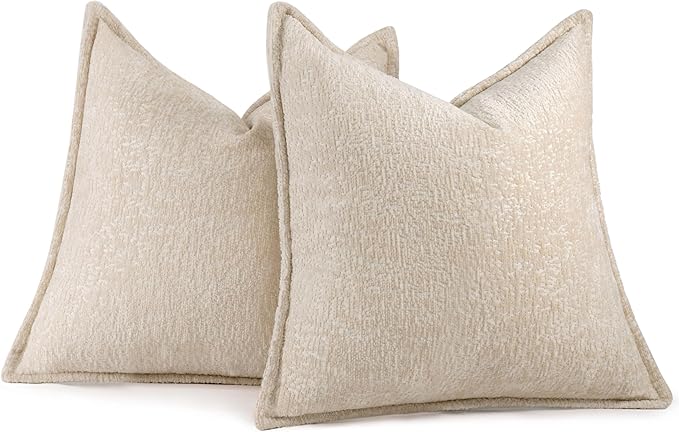 Pack of 2 Beige Decorative Throw Pillow Covers 18x18 Cozy Soft Chenille Boho Accent Vintage Farmhouse Square Couch Pillow Covers for Home Decor Bed Sofa Living Room