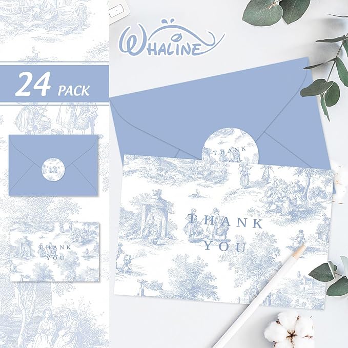 Whaline 24 Pcs Blue Chinoiserie Thank You Cards Greeting Cards with Envelopes Stickers Blue White Vintage Blank Note Card for Wedding Bridal Baby Shower Birthday Party, 4 x 6 Inch