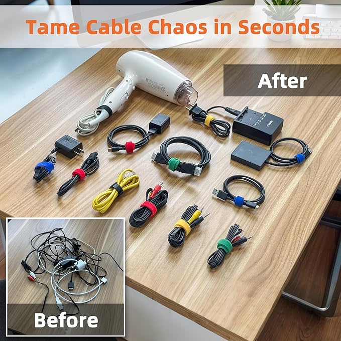 90 PCS Reusable Cable Ties with Hook and Loop, Multi-purpose Adjustable 8 Inch Cable Management Wire Ties Cable Straps for Organizing Home, Office and Data Centers (Multicolored)