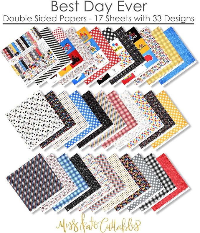 Miss Kate Cuttables Paper & Sticker Kit - Best Day Ever for Disney - 17 Double-Sided 12x12 Papers with 33 Designs & 1 8X12 Sticker Sheet - Scrapbooking Card Making Crafting