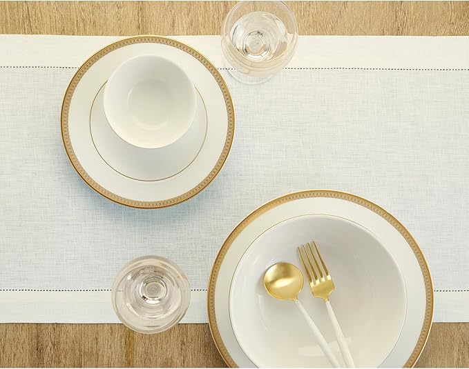Solino Home Linen Ivory Table Runner 144 Inches Long - 100% Pure Linen Extra Long Table Runner 14 x 144 Inch for Spring, Easter - Classic Hemstitch