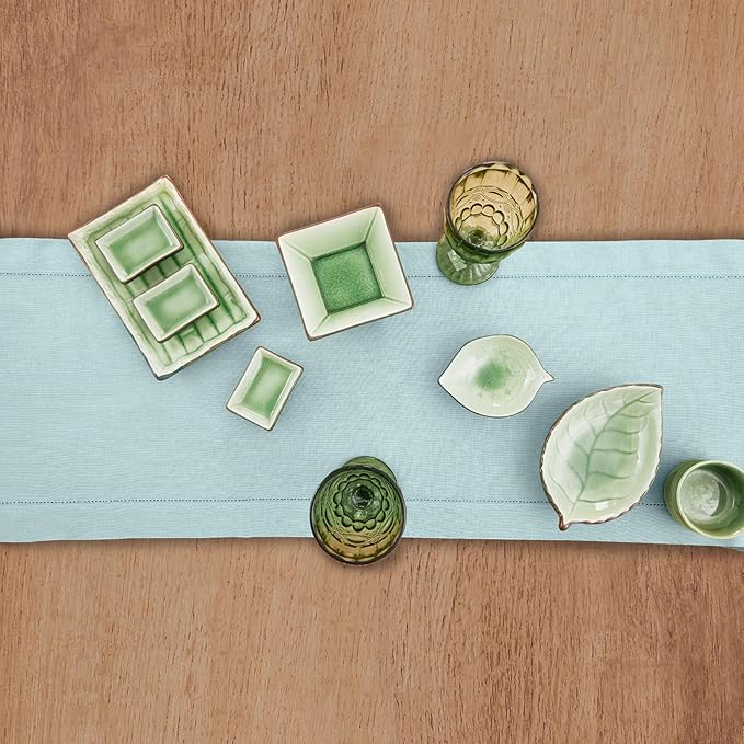 Solino Home Linen Aqua Blue Table Runner 90 Inches Long - 100% Pure Linen Hemstitch 14 x 90 Inch Table Runner for Dining, Spring, Easter, Winter - Classic Hemstitch