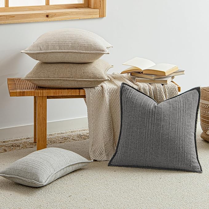 a moment Linen Pillow Covers Set of 2,Boho Farmhouse Throw Pillowcases Neutral Textured Decorative Covers for Couch Sofa,Soft Linen Blend Accent Case Cushion Living Room Home Decor 26"x26"Rustic Gray