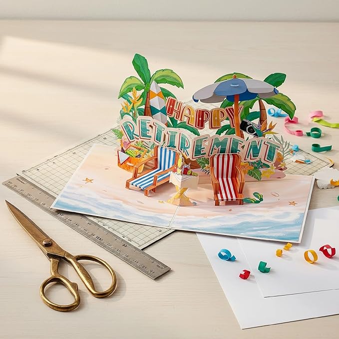 Greeting Card Retirement Paper 3D Pop-Up Cards Handmade Birthday Beach Gift for Women, Mom, Wife, Men Large Size Aniversary Wedding Christmas Gifts Coconut Trees