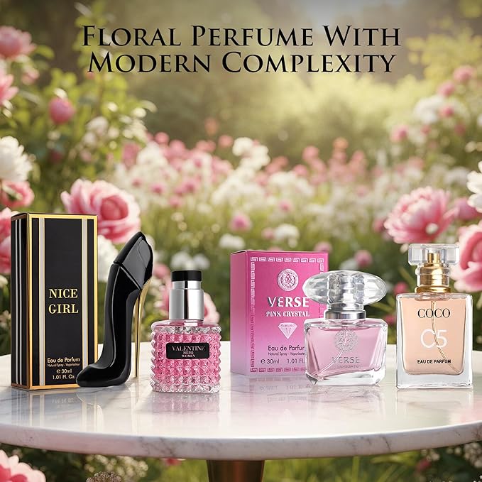 Essential 4 PC Mini Perfume Set, Birthday Gift Set for Women, Eau De Parfum 30ml Each, Vanilla Perfume & Floral Fragrance, Long-Lasting Travel Size, C5, Verse Pink Crystal, Nice Girl & Valentine