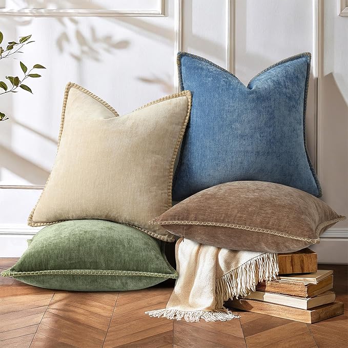 decorUhome Spring Chenille Soft Throw Pillow Covers 20x20 Set of 2, Farmhouse Velvet Neutral Decorative Pillow Covers with Stitched Edge for Couch Sofa Bed Home Decor, Brown