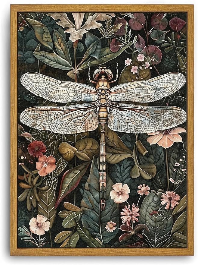 Djmwtb Vintage Framed Wall Art Dragonfly Canvas Wall Art Prints Green Botanical Floral Pictures Flower Painting Wall Decor Artwork for Living Room Bedroom Bathroom Office 16x24in