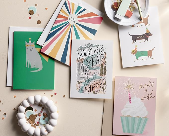 Minted Birthday Greeting Cards Pack, Set of 5, Birthday Cards Variety Pack, Stylish & Curated Folded Happy Birthday Cards with Envelopes, Blank & Messages Inside, Designed by Independent Artists