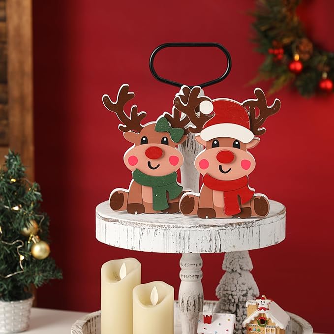 Amorita Reindeer Christmas Decor - 2 Piece Brown Reindeer Couple for Christmas Tiered Tray Decor - Elegant Wood Tiered Tray Xmas Centerpiece Table Decorations