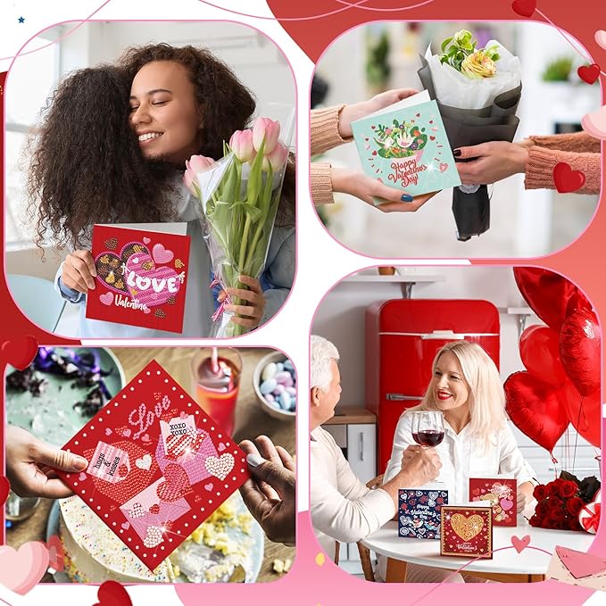 Saillong 12 Pack Valentine's Day Diamond Painting Greeting Card Kit Valentine Diamond Art Cards with Envelopes 5D Rhinestones Painting Making Kits for Adult DIY Craft Family Friend Holiday Gifts