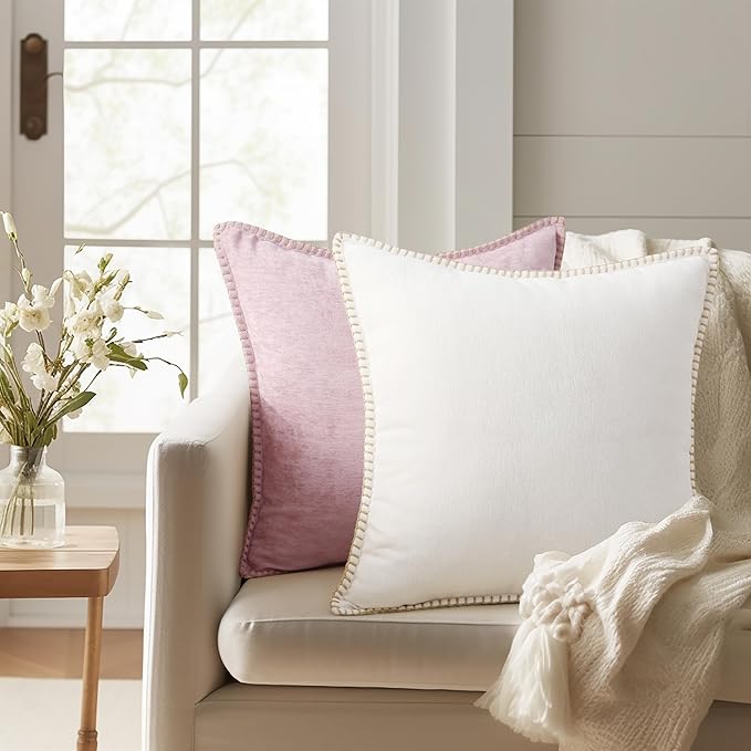 decorUhome Spring Chenille Soft Throw Pillow Covers 12x20 Set of 2, Lumbar Velvet Farmhouse Neutral Decorative Pillow Covers with Stitched Edge for Couch Sofa Bed Home Decor, Cream White