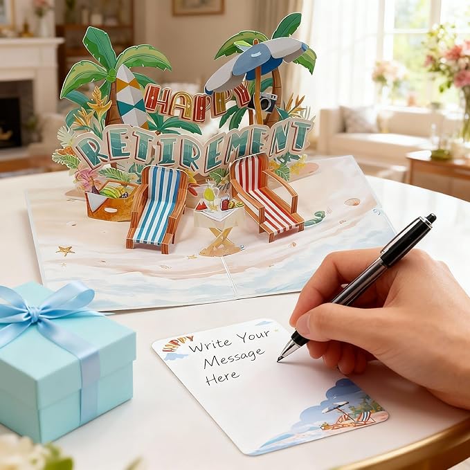Greeting Card Retirement Paper 3D Pop-Up Cards Handmade Birthday Beach Gift for Women, Mom, Wife, Men Large Size Aniversary Wedding Christmas Gifts Coconut Trees