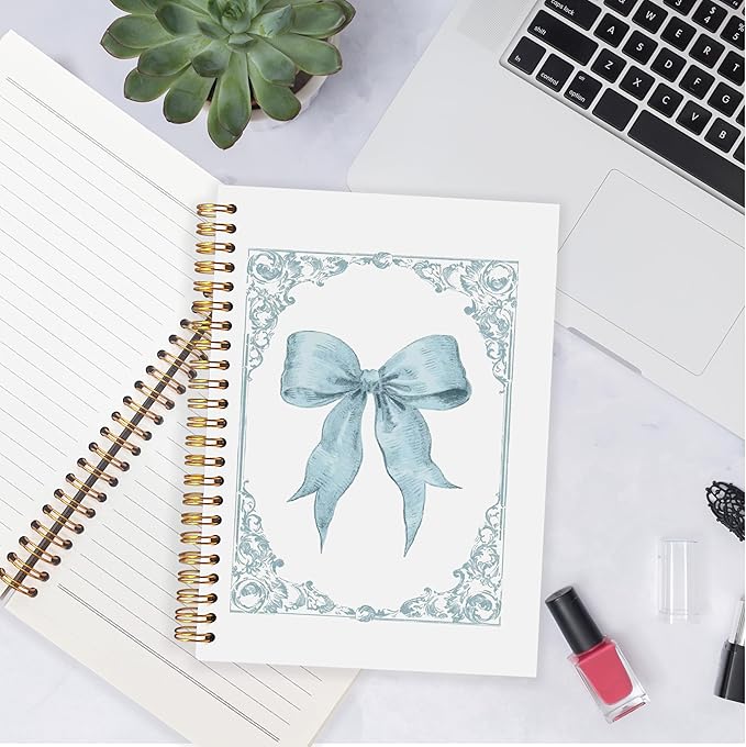 Coquette Blue Bow Notebook, Preppy Blue Floral Aesthetic Notebooks for Note Taking, Trendy Girly Journals Journaling for Women Writing, Spiral Notebook 5.5x8.3 Inch