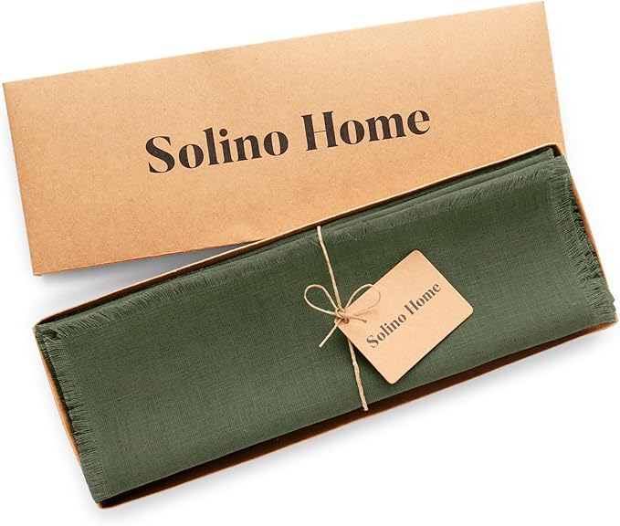 Solino Home Linen Fringe Cloth Placemats Set of 4-100% Pure Linen Desert Green Placemats 14 x 19 Inch for Winter, St Patricks Day