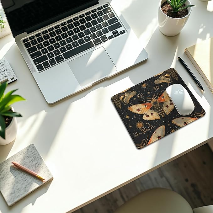 Vintage Moody Moth Pattern Mouse Pad, Dark Contemporary Botanical Symmetrical Moth Mousepad for Desk Home Office Dorm Computers Laptop, Gothic Aesthetic Desk Accessories, 9.5x7.9 Inch