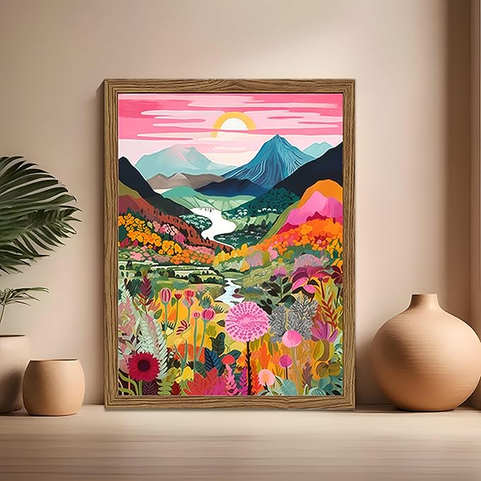 Boho Colorful Mountain Wall Art Set of 3, Abstract Watercolor Landscape Flower Wall Decor Paintings, Modern Nature Sunset Forest Posters Prints for Living Room, Bedroom 16x24 Inch Wood Framed