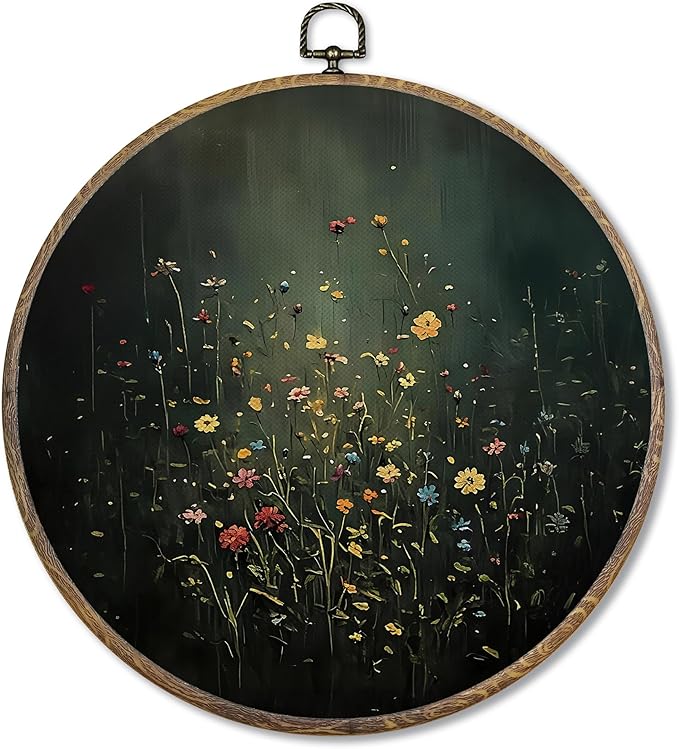 FUGWN Vintage Wildflower Floral Round Wall Art Decor Framed, Dark Cottagecore Moody Flower Botanical Canvas Artwork Prints, Floral Wall Hanging Decorations for Home Bedroom Living Room, 10x10 Inch