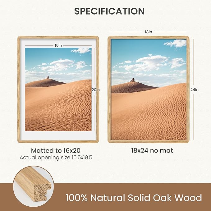 18x24 Picture Frame, Natural Oak Wood Poster Frame with Mat for 16x20, Round Corner 18 x 24 Matted Picture Frames with Resistant Plexiglass for Wall Mounting or Tabletop, Oak Color, Set of 1