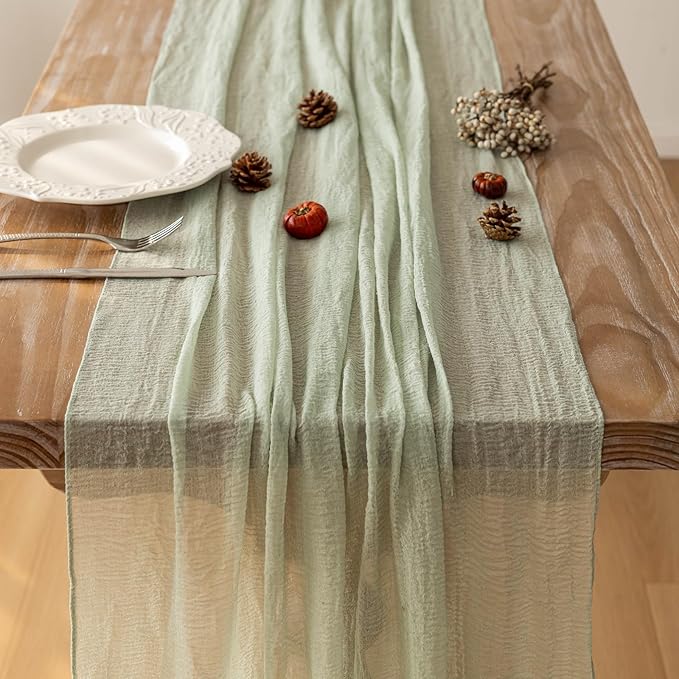 Keketoarrange 3pcs Sage Green Spring Easter Cheesecloth Table Runner 120 Inch 10 FT Rustic Boho Cheese Cloth Runner for Wedding Baby Shower Bridal Shower Sheer Gauze Centerpiece Home Decorations