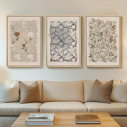 Framed Large William Morris Canvas Wall Art Set of 3, Vintage Nature Floral Artwork Prints, Boho Neutral Botanical Wall Decor for Living Room, Bedroom, Hallway and Office, Total Size 30x60