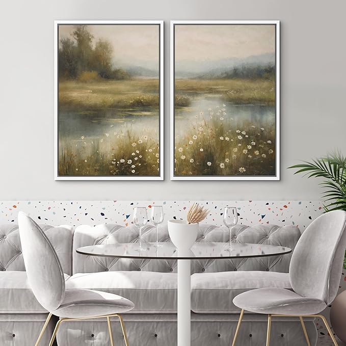 SIGNWIN Framed Canvas Print Wall Art Set Serene Marshland Landscape Rustic Illustration Modern Art Minimalism Decorative for Living Room, Bedroom, Office - 16"x24"x2 White