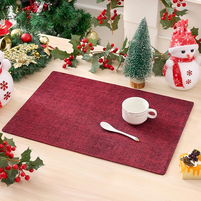 homing Cotton Linen Placemats Set of 8, Cloth Washable Farmhouse Dining Table Mats for Indoors & Outdoors, Easy to Clean, Red, 13 x 19 Inch