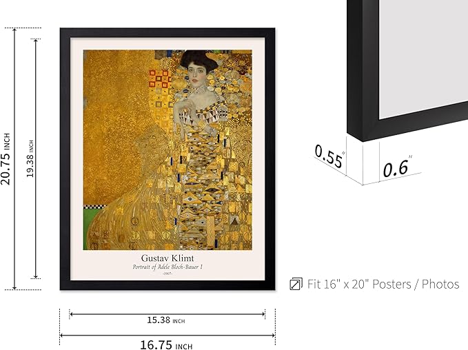 Poster Master Vintage Gustav Klimt Poster - Retro Portrait of Adele Bloch-Bauer Print - Art Nouveau - Lady in Gold Art - Gold Leaf Art - Classic Painting - Living Room Decor - 16x20 Black Framed