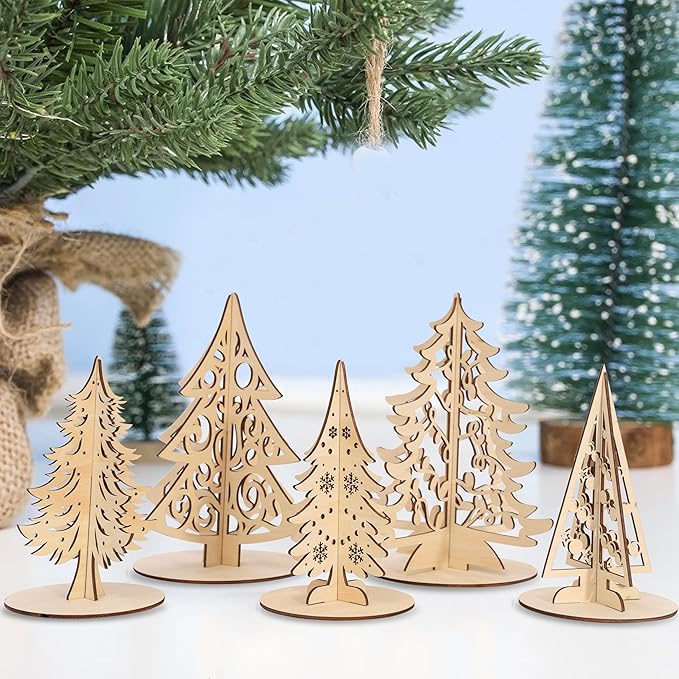 Christmas Craft Set - Wood 3D Christmas Tree, Wooden Unfinished Slices to Paint, Xmas Trees Cutouts Ornaments, for Xmas Winter DIY Handmade Tiered Tray Decorations