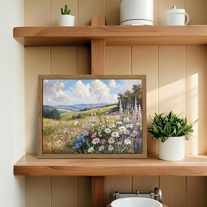 Framed Vintage Wildflower Canvas Wall Art, Nature Botanical Floral Wall Decor Pictures, Rustic Farmhouse Daisy Landscape Paintings Prints for Living Room Bedroom Bathroom Office 16x24 inch