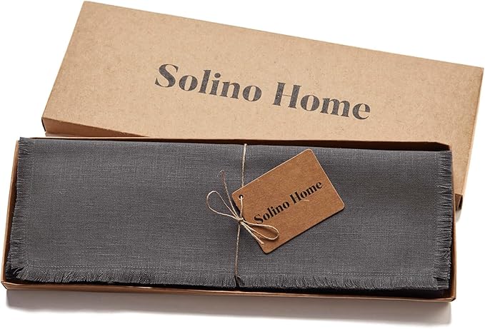 Solino Home Linen Fringe Cloth Placemats Set of 4-100% Pure Linen Charcoal Placemats 14 x 19 Inch for Winter, Spring - Handcrafted and Machine Washable