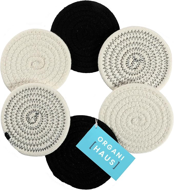 OrganiHaus Drink Coasters Set of 6, Absorbent Cotton Woven Cup Coasters, Rustic Farmhouse Boho Decor for Coffee Table and Drinks Protection, Cute Coaster for Drinks - Black/Off-White