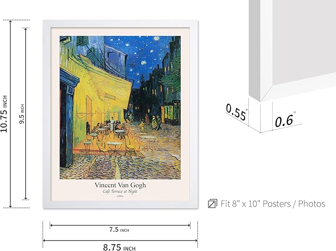 Monem Art Vintage Van Gogh Poster - Retro Cafe Terrace at Night Print - Impressionism Art - Fine Art - Classic Painting Art - Aesthetic Living Room or Bedroom Wall Decor - 8x10 White Framed