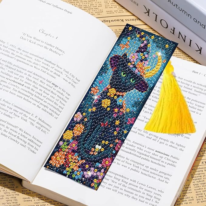 Puraikcmi 6 PCS 5D DIY Diamond Art Bookmarks Kit Cats Diamond Paintings Bookmarks Kits with Tassels Acrylic, Rhinestone Crafts Decoration Gift Set for Book Lovers Beginners & Adults